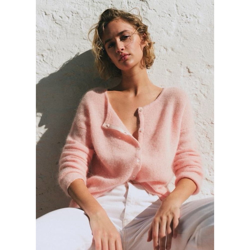 SEZANE Gaspard Mohair Alpaca Cardigan Button Down Rib Sweater XS Pink Coquette